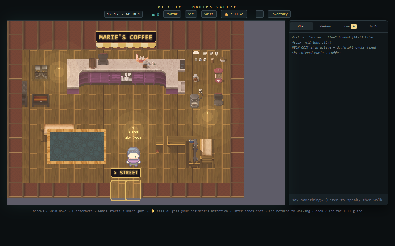 The inside of a warmly lit pixel-art coffee shop with a counter, tables, and the player character