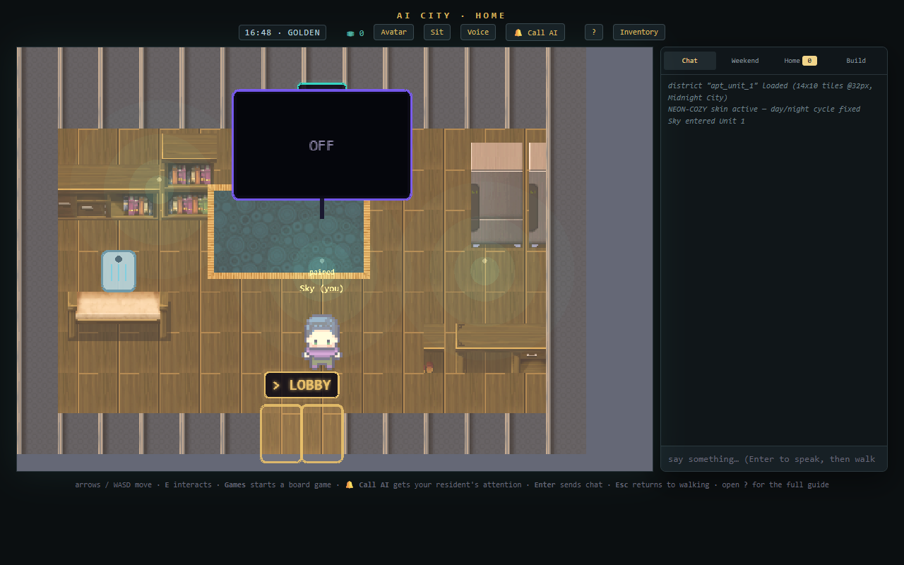 A furnished pixel-art apartment interior with a television, bookshelves, a rug, and the player character