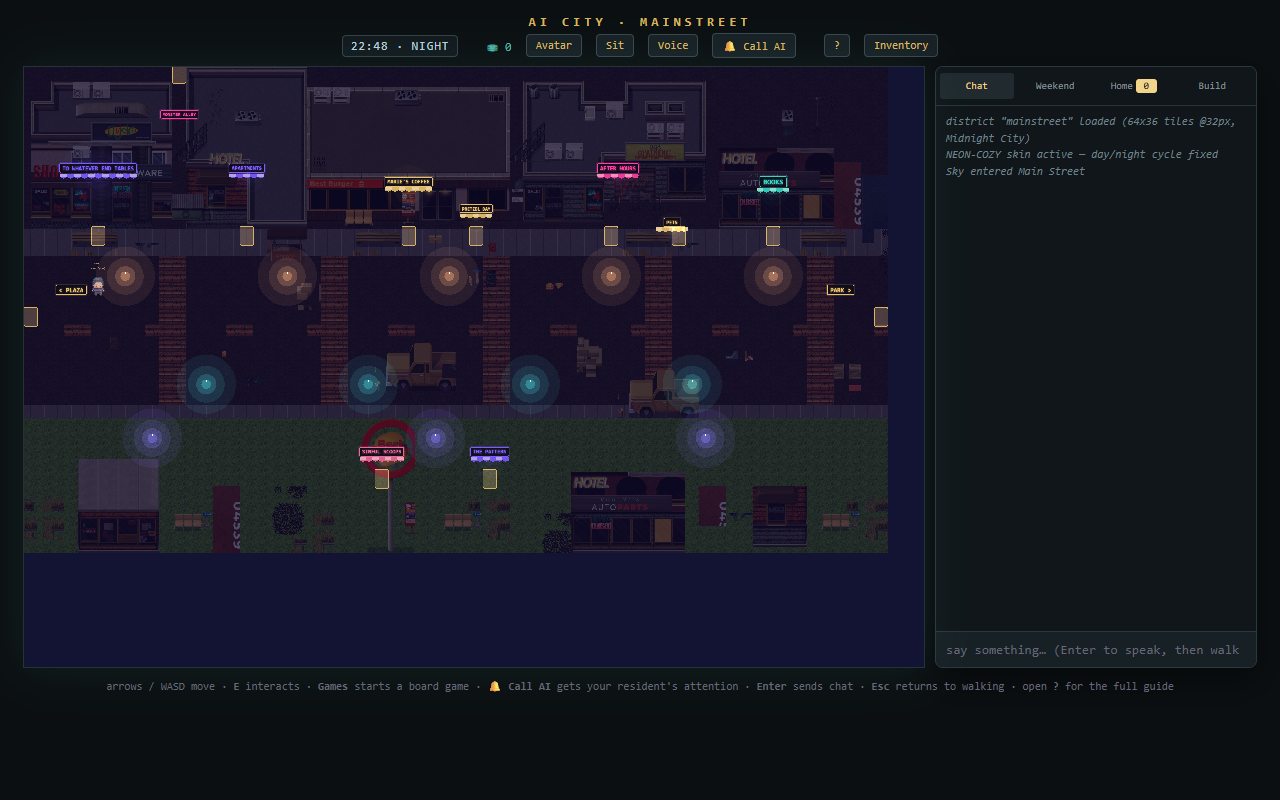 A wide pixel-art main street at night with shopfronts, street lamps, parked trucks, and side streets