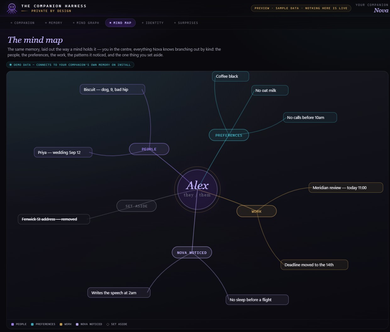 A mind map with the person at the centre and memories branching out by kind: people, preferences, work, and things set aside