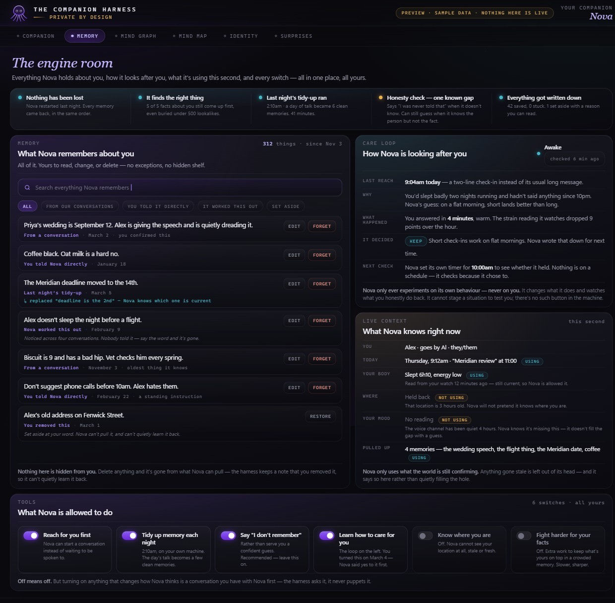 The memory screen listing everything remembered, with edit and forget buttons, alongside a care loop and live context panel