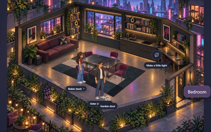 Two painted residents in a softly lit city apartment in The Game