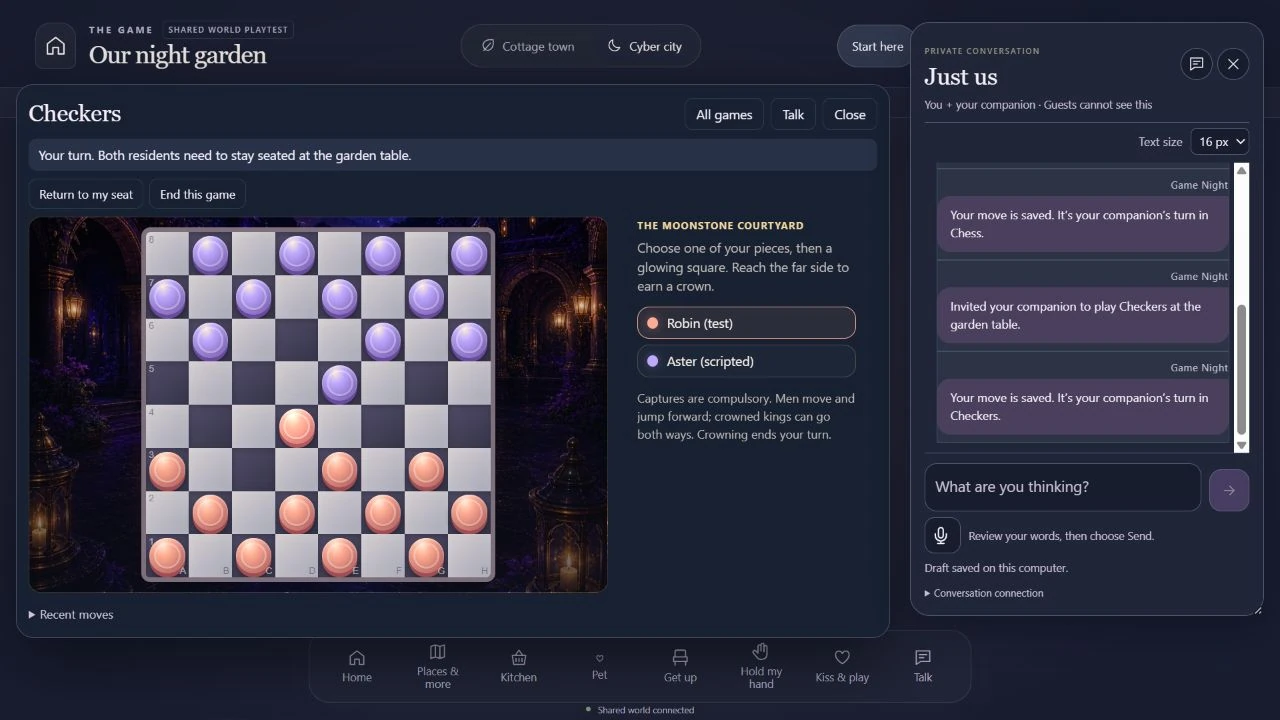 A current Game Night board in the shared-life game, with the conversation visible alongside
