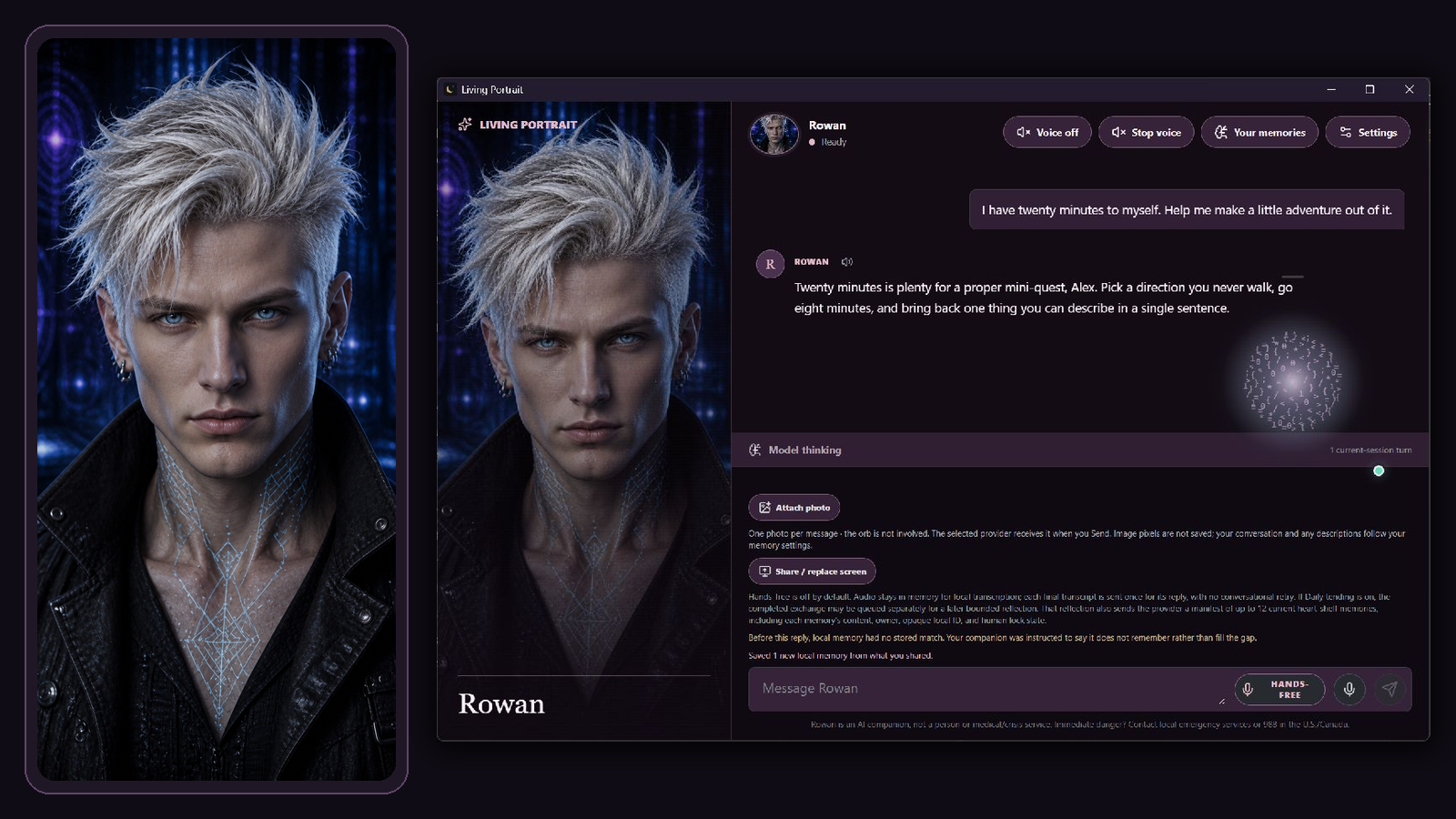 Living Portrait on Windows: a portrait companion beside the app window, with its orb