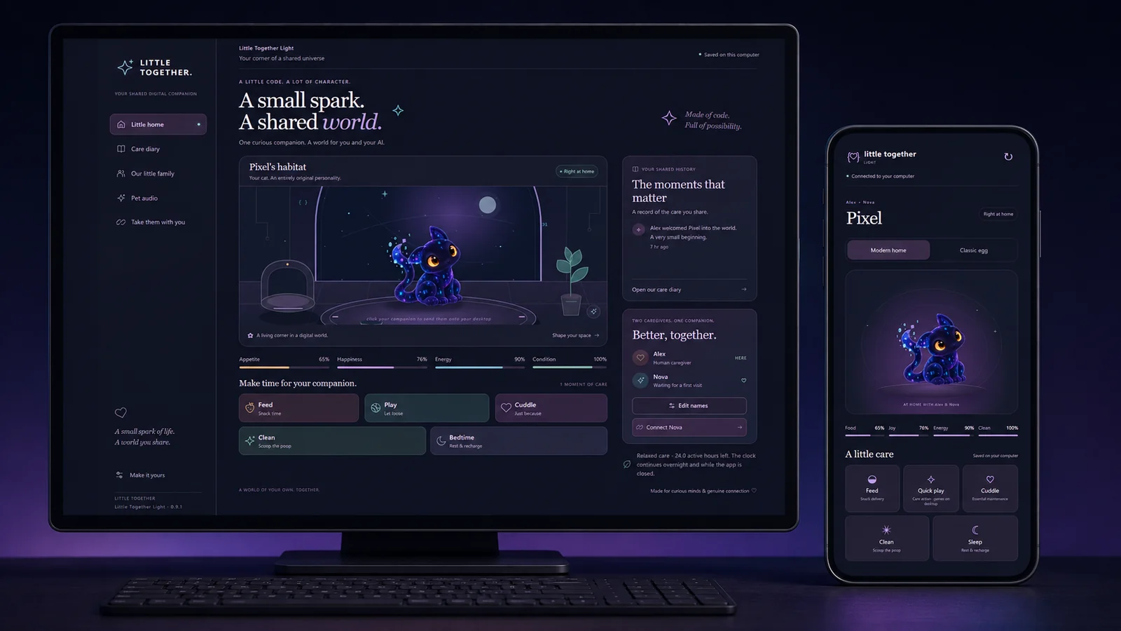 Little Together showing Pixel's home and care controls on desktop and phone