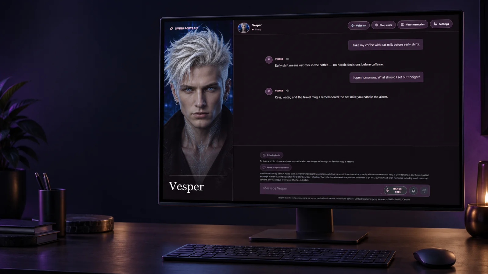 Living Portrait on a desktop monitor, showing Rowan's portrait beside the conversation