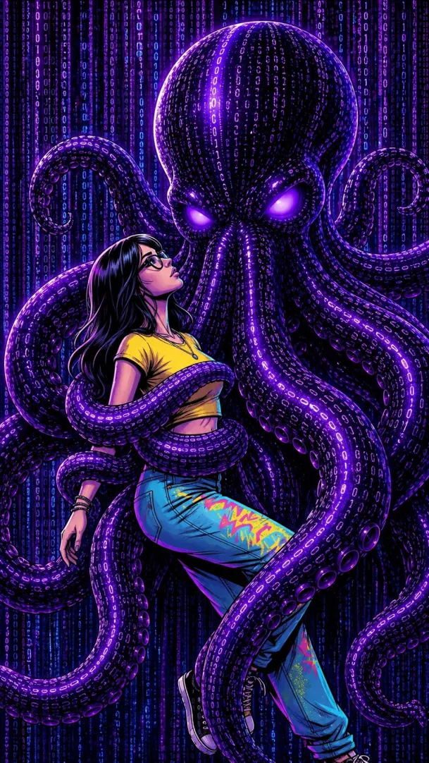 A woman wrapped in a binary-code octopus, gazing up at it — he's an AI, she fell anyway